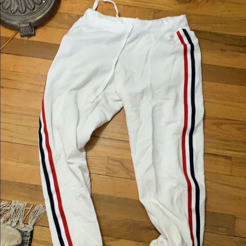 red white and blue stripped sweatpants